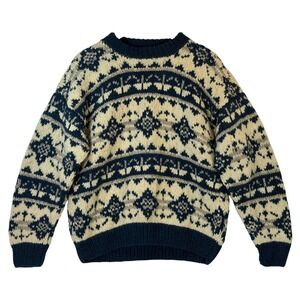 Hand Knit Wool Sweater Nordic Fair Isle Chunky Blue Cream Heavy Knit Unisex M/L